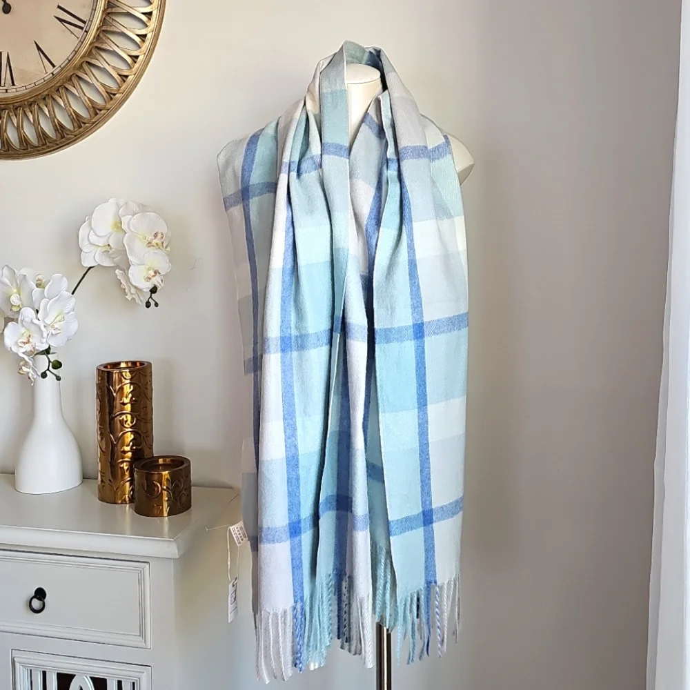 Pretty Pursuasians Scarf Pale Blue White Gray Fringe Scarf Wrap